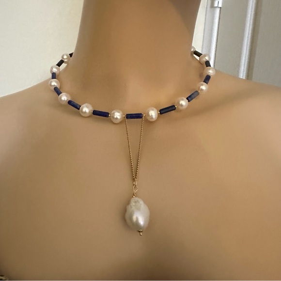 C106 New Handmade Natural Freshwater Pearl and Lapis Lazuli Choker - Picture 7 of 14